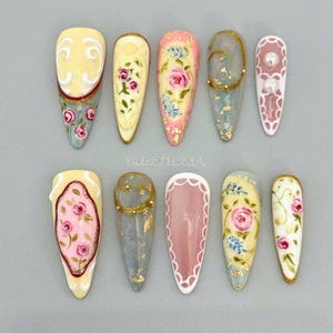 Classic style rose garden details Long Almond Press On Nails, Hand Painted Fake Nails, Prom,Event,Birthday Nails, Goth,Gothic,Y2K, Event