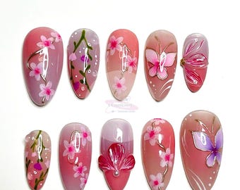 Kersenbloesempers op de nagels | Handgemaakte roze Sakura bloemennagelset