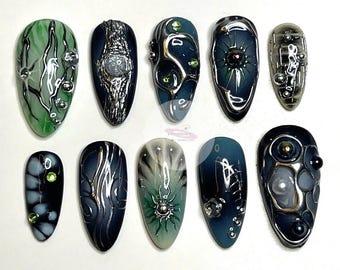 Dark Green Abstract Press On Nails | Galaxy Luxury Nail Art | 3D Artistic Nails | Handmade Designer Press On | Reusable Nail Set