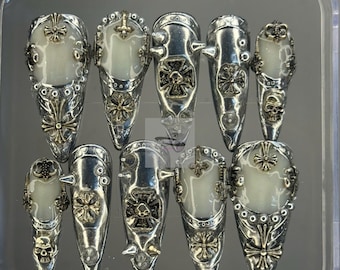 Press On Nails Heavy Metallic Silver Chrome Gothic Cross Skull Spikes Cyberpunk Stiletto Nails
