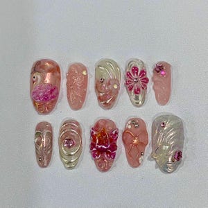 Pink Fairyland Press On Nails: Hand Painted Floral False Nail Art