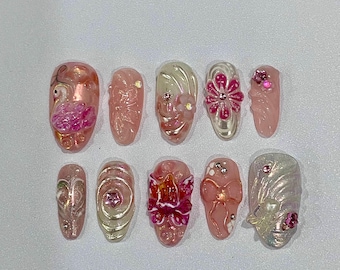 Uñas postizas rosas hechas a mano con perlas – Diseño de uñas con flores 3D y diamantes de imitación