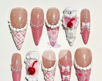 Kawaii Dessert Press On Nails – Pink Cherry Heart Bow 3D Stiletto False Nails – Handmade Cute Girly Valentine Sweet Nail Art