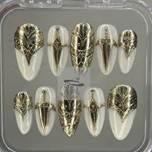 Gothic Armor Medium Almond Press On Nails | 3D Antique Gold Warrior Design | Handmade Luxury Medieval Shield & Sword Nail Art Set