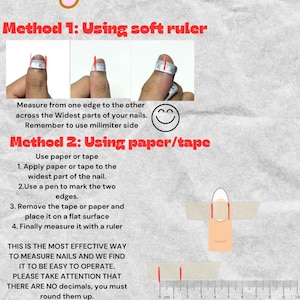 May include: An instructional graphic on how to measure nails. The image shows two methods: using a soft ruler and using paper or tape. The text explains the steps and includes a ruler with centimetre markings.