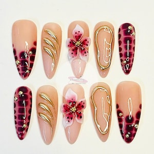 Freestyle 3D flower dark red tone - gold mirror coating  Long Almond Press on nail ,False Nails, Prom/Event/Birthday Nails,Goth/Gothic/Y2K