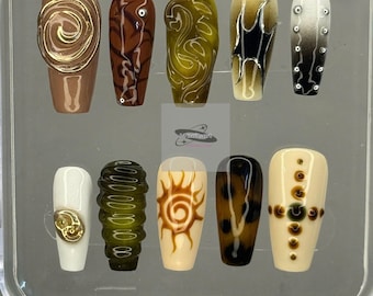 Freestyle Tribal Brown Press On Nails with Sun & Swirl Design Handmade Vintage Fake Nails in Earthy Neutral Tones for Unique Style