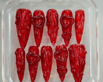 Unhas Postiças Vermelhas em Formato de Coração - Unhas Postiças 3D Estilo Estilete para o Dia dos Namorados