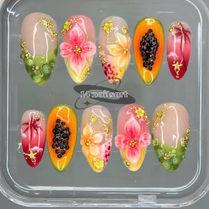Hibiscus Dream medium amandelpers op nagels – tropische bloemnagels, handgemaakte luxe set vakantiestrand zonsondergang