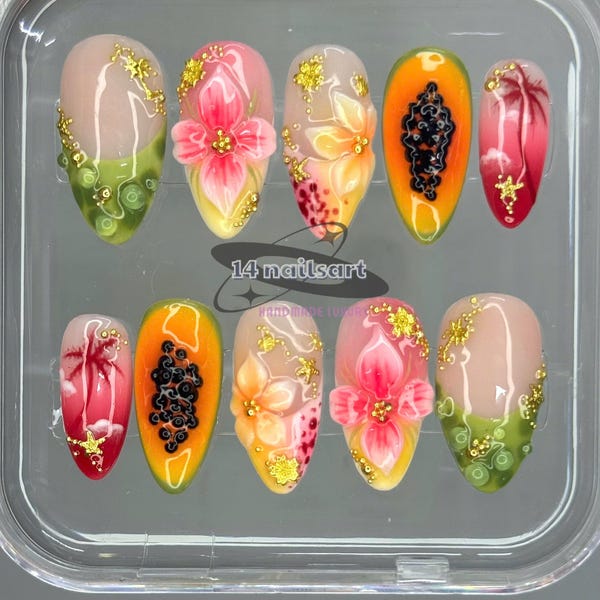 Hibiscus Dream Medium almond Press On Nails – Tropical Flower Nails, Vacation Beach Sunset Handmade Luxury Set