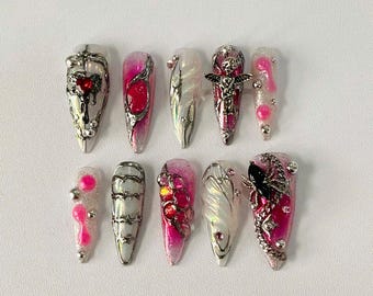Ongles à presser Gothic Angelcore – Ensemble d'ongles 3D faits main