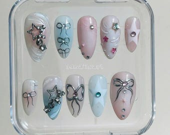 Pastel Bow Press On Nails – Star Ribbon, Girly Almond Nail Art
