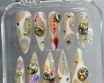 Handmade White & Gold Gemstone Press On Nails – Abstract Almond Nail Art