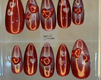 Red Heart Press On Nails | Wine Glitter Valentine's Day, Handmade