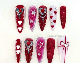 Red & Pink 3D Heart Press On Nails | Long Stiletto Y2K Handmade Set