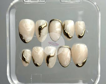 Hand Painted Almond Press On Nails - Gold Accent, Short Fake Nails