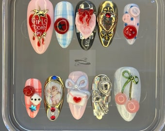 Kawaii Y2K Press On Nails | Heart & Bow 3D Charm, Almond
