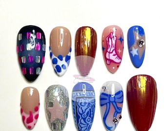 Disco Music Press On Nails: Stylish Medium Almond, Hand Painted