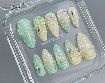 Handmade Seashell Pearl Press On Nails – Mermaid Green Almond Nail Art