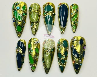 Hand Painted Blue Tone Aura Press On Nails: Goth Y2K Almond Nail Set