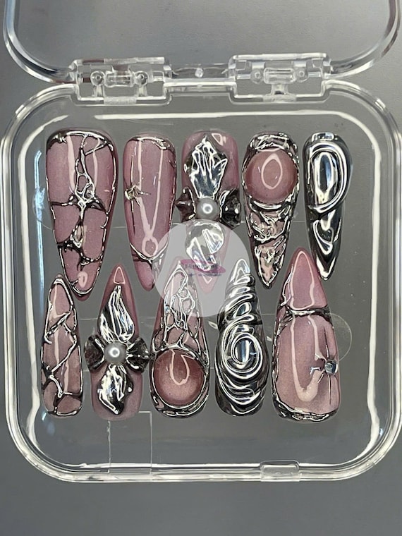 3D Chrome Gothic Y2K Press On Nails with Pearl Bow Design, Metallic Pink Long Almond Handmade Nail Art Set