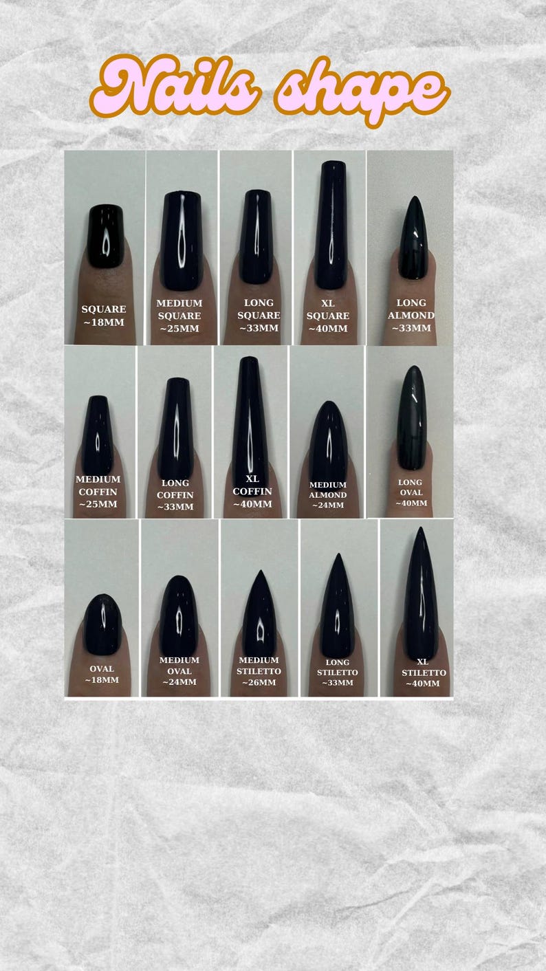 May include: Image showcasing various black nail shapes, including square, almond, coffin, oval, and stiletto. Each nail shape is labeled with its name and approximate length in millimeters, ranging from 18mm to 40mm. The text "Nails shape" is at the top.
