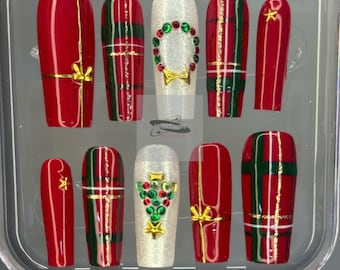 Red Plaid Christmas Press On Nails: Handmade Holiday Nail Set
