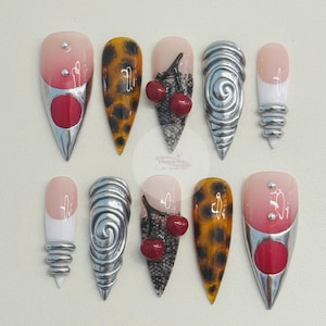 Freestyle Mesh lace and cherriesLong Stiletto Press On Nails Hand Painted Fake Nails,Event,Goth,Gothic,Y2K,Aura Nails