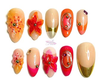 3D Floral Press On Nägel | Pfirsich Orange Ombre, Handgefertigter Luxus