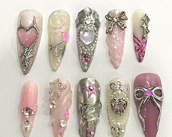 Uñas postizas 3D de color rosa y plata – Uñas postizas glamurosas hechas a mano