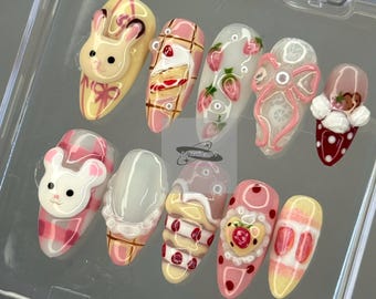Kawaii Bunny Press On Nails – 3D Pastel Dessert Almond Set