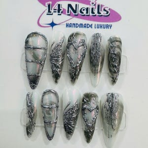Metallic Silbergraue Press-On-Nägel - Handgefertigte Gothic 3D-Chrom-Nail-Art - Lange Stiletto Luxus Gefälschte Nägel Set