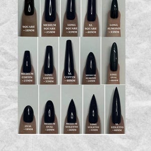 May include: Image showcasing various black nail shapes, including square, almond, coffin, oval, and stiletto, with lengths ranging from approximately 18mm to 40mm. The text "Nails shape" is displayed at the top.