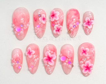 Handmade Sakura Blossom Press On Nails – 3D Flower Pearl Nail Art