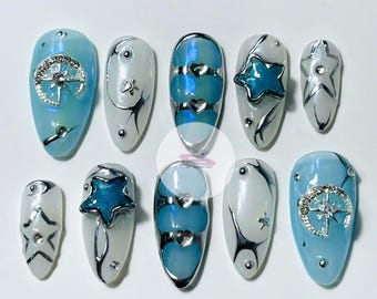 Y2K Blue Star Press On Nails: Hand Painted Almond Medium