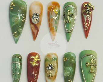 Luxus Press On Nägel, Grün & Gold Chrome Herzen Nail Art, Designer Fake Nägel