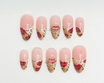 Leopard Kiss Almond Press On Nails – Valentine's Day Nail Art