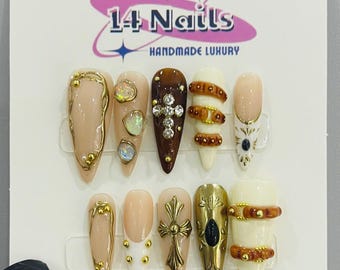 Handmade Brown & Gold Press On Nails – 3D Rhinestone Cross, Long Stiletto