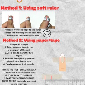 K&ouml;nnte beinhalten: Eine Anleitung zum Messen Ihrer N&auml;gel mit einem flexiblen Lineal oder Papier und Klebeband. Das Bild zeigt eine Hand mit einem Lineal, das die Breite eines Fingernagels misst. Der Text erkl&auml;rt die Schritte zum Messen von N&auml;geln mit beiden Methoden. Er erw&auml;hnt auch, dass die Messungen auf den n&auml;chsten ganzen Millimeter aufgerundet werden sollten.