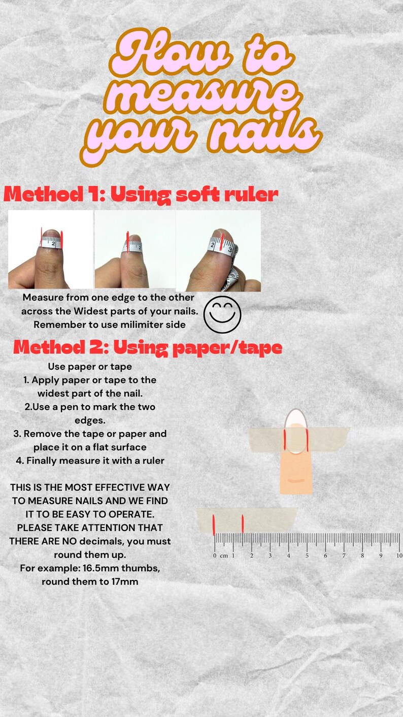K&ouml;nnte beinhalten: Eine Anleitung zum Messen Ihrer N&auml;gel mit einem flexiblen Lineal oder Papier und Klebeband. Das Bild zeigt eine Hand mit einem Lineal, das die Breite eines Fingernagels misst. Der Text erkl&auml;rt die Schritte zum Messen von N&auml;geln mit beiden Methoden. Er erw&auml;hnt auch, dass die Messungen auf den n&auml;chsten ganzen Millimeter aufgerundet werden sollten.