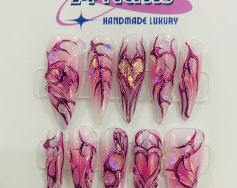 Freestyle Pink Heart Press On Nails – Handmade Fantasy Glitter Long Stiletto Fake Nails – Pink Flame 3D Valentine Luxury Nail Set for Party