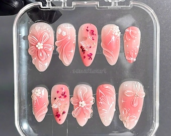 3D Cherry blossoms Medium almond Press on nail , False Nails, Prom/Event/Birthday Nails, Goth/Gothic/Y2K/Aura Nail