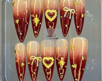 Red Ombre Press On Nails | Gold Heart Charm, Valentine's Day