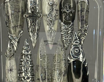 Luxury Gothic Chrome Press On Nails | Black Silver Cathedral Nails | Cross & Script 3D Nail Art | Handmade Fake Nails