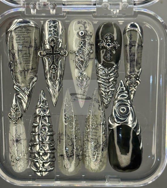 Luxury Gothic Chrome Press On Nails | Black Silver Cathedral Nails | Cross & Script 3D Nail Art | Handmade Fake Nails
