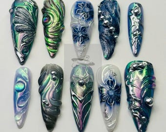 Hand Painted Waterfall Flower Press On Nails, Gothic Almond Nail Set