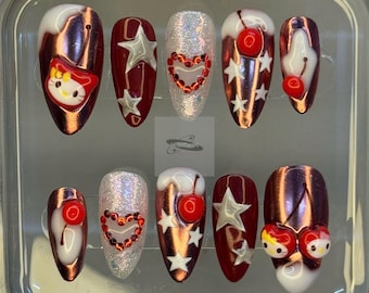 Uñas postizas Cherry Star Chrome / Diamantes de imitación rojos de San Valentín, hechas a mano