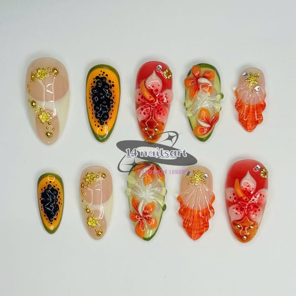 Tropical Oasis Nails Medium almond  – 3D Flower, Papaya & Seashell Luxury Nail Set