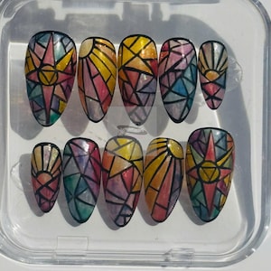 Stained Glass Mosaic Almond Press On Nails | Gothic Cathedral Art Nails image 1