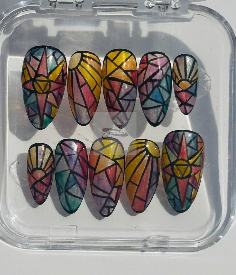 Stained Glass Mosaic Almond Press On Nails | Gothic Cathedral Art Nails image 1